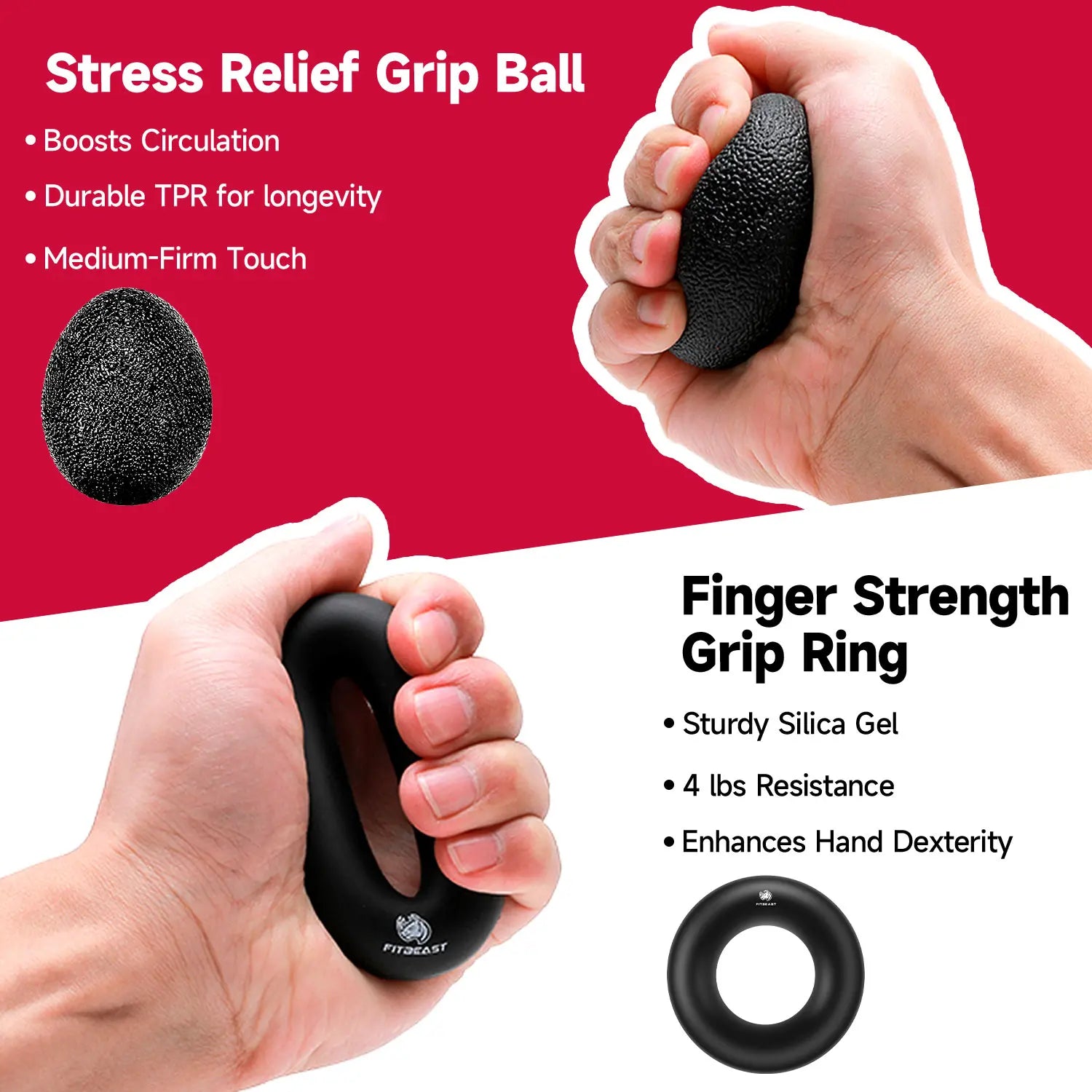 Fitbeast Funny Hand Grip Strengthener Workout Kit (5 Pack) Forearm Grip Adjustable Resistance Hand Gripper, Finger Exerciser, Finger Stretcher, Grip Ring & Stress Relief Grip Ball for Athletes