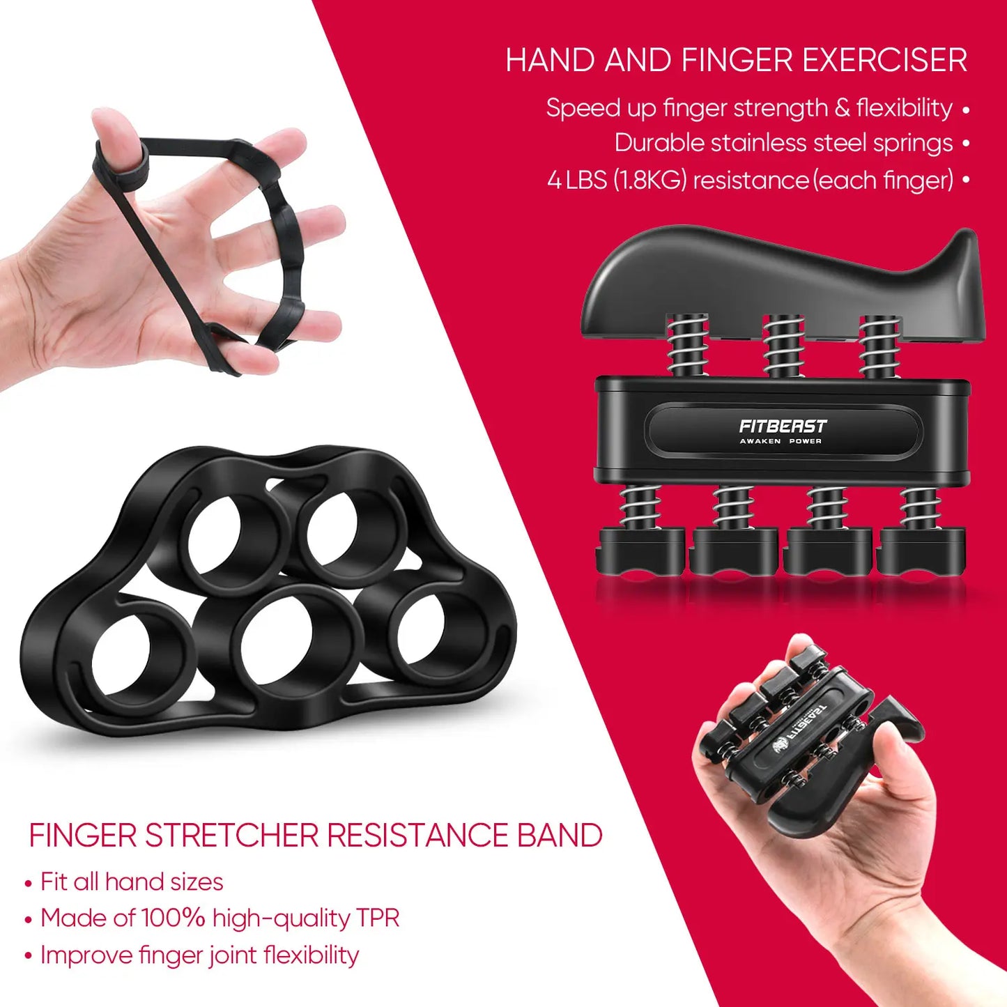 Fitbeast Funny Hand Grip Strengthener Workout Kit (5 Pack) Forearm Grip Adjustable Resistance Hand Gripper, Finger Exerciser, Finger Stretcher, Grip Ring & Stress Relief Grip Ball for Athletes